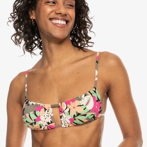 Roxy Floral Cutout Bikini Top in Pink, Green & Cream